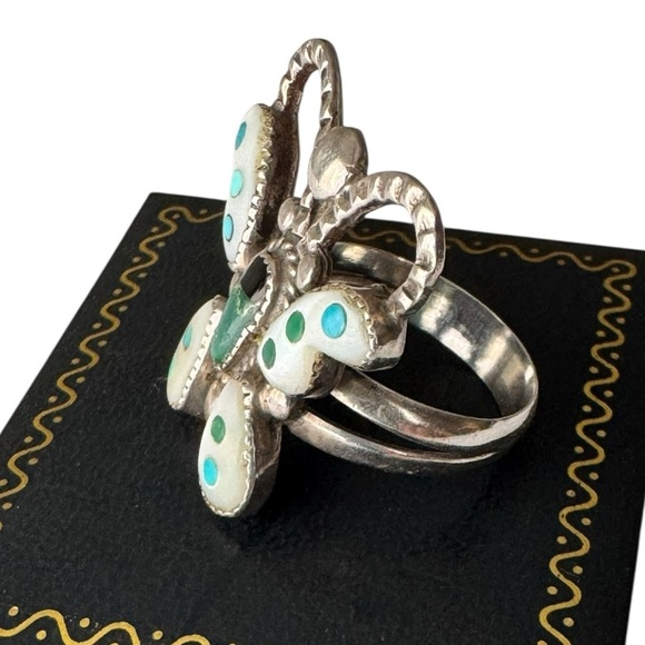Native American Sterling Silver Butterfly Ring Size 7 Turquoise Mother of Pearl - Picture 5 of 8
